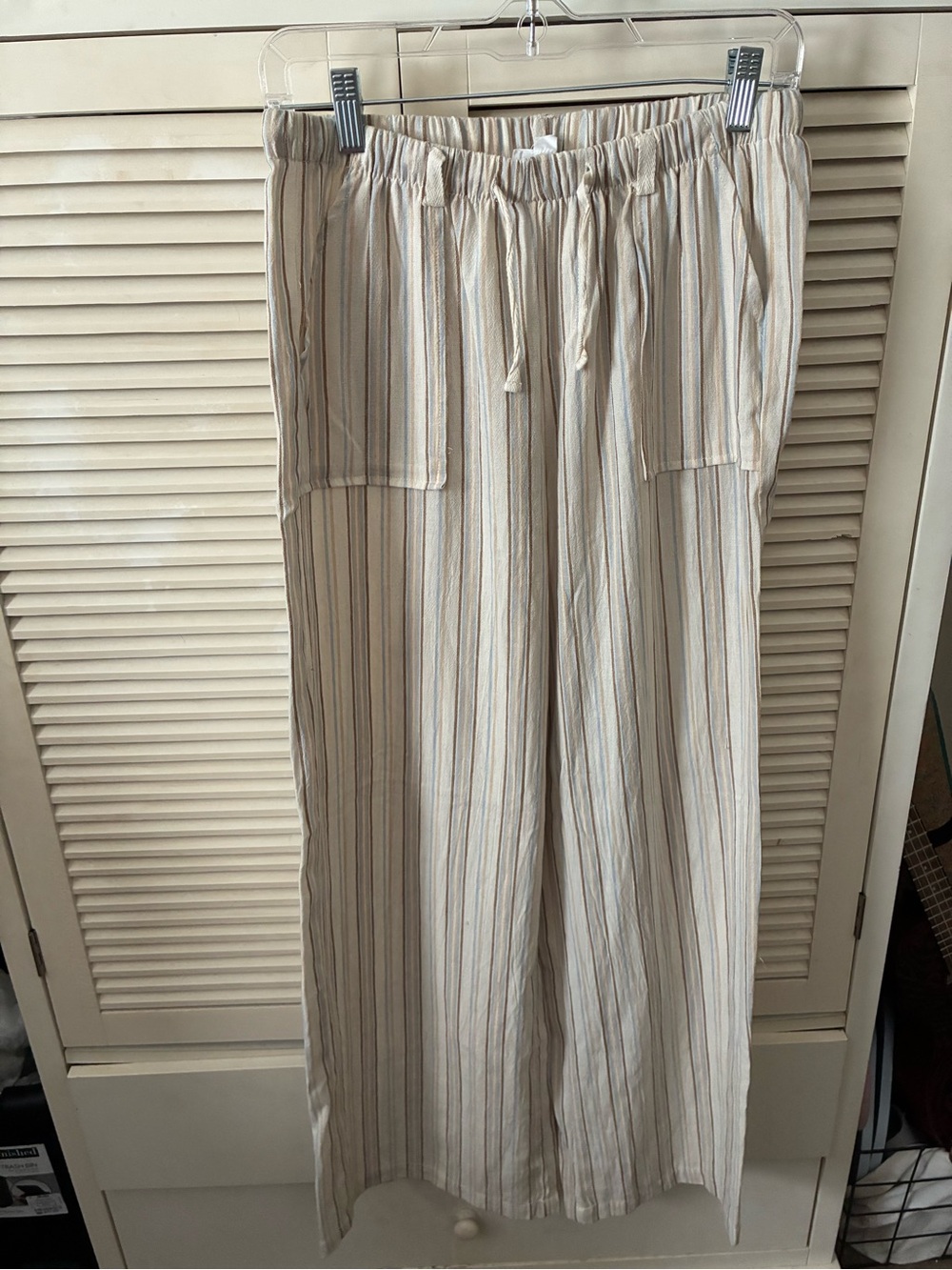 Wide Leg Striped Linen-Blend Pants - Cream